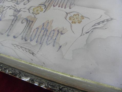 Victorian vintage motto, What is Home Without a Mother, glitter letters, old gold frame