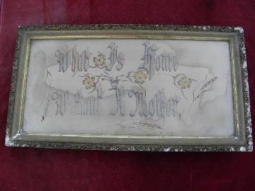 Victorian vintage motto, What is Home Without a Mother, glitter letters, old gold frame
