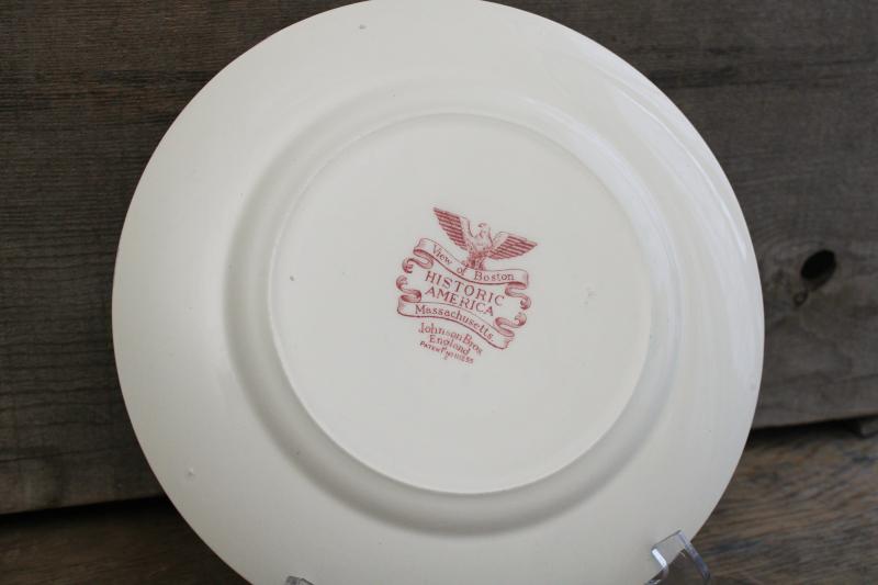 View of Boston Historic America vintage Johnson Bros pink red transferware china plate