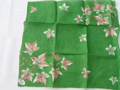 Vintage 50's print linen hankie, leaves on green