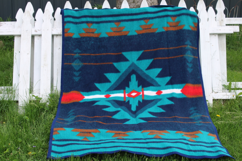 Vintage Biederlack fleece blanket, soft thick camp blanket Indian blanket design