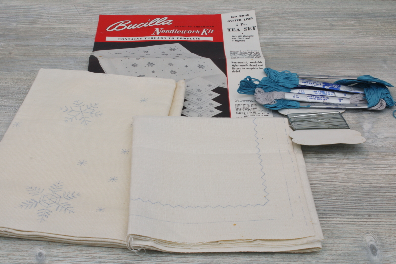 Vintage Bucilla table linens stamped to embroider, winter snowflakes on flax linen fabric
