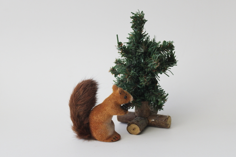 Vintage Germany flocked animal toy or figurine, squirrel w/ fur tail