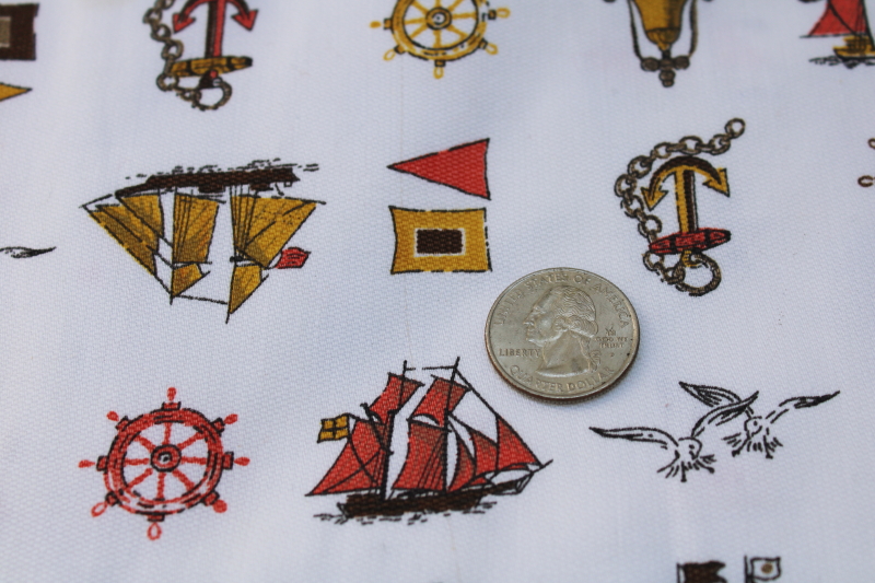 Vintage J Manes cotton canvas fabric, early sailing nautical emblems man cave coastal decor fabric