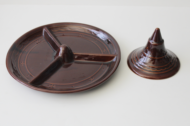 Vintage Marcrest daisy dot brown stoneware lazy susan relish tray plate  stand