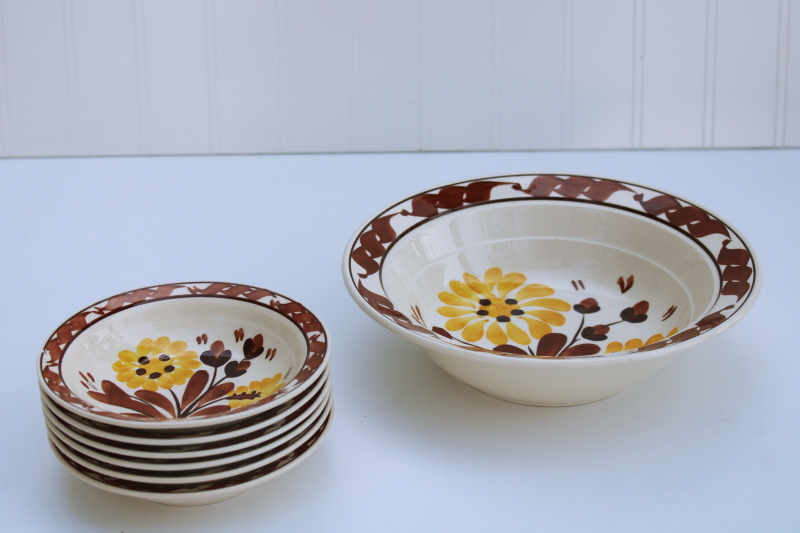 Vintage Vernon Kilns Casa Cali California pottery dinnerware, brown yellow gold flowered salad bowls