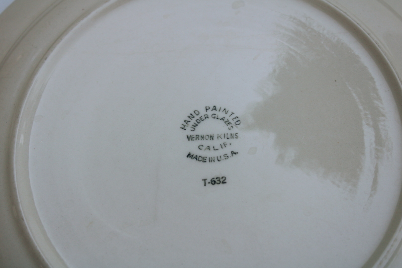 Vintage Vernon Kilns Casa Cali California pottery dinnerware, set of 6 dinner plates brown yellow flowers