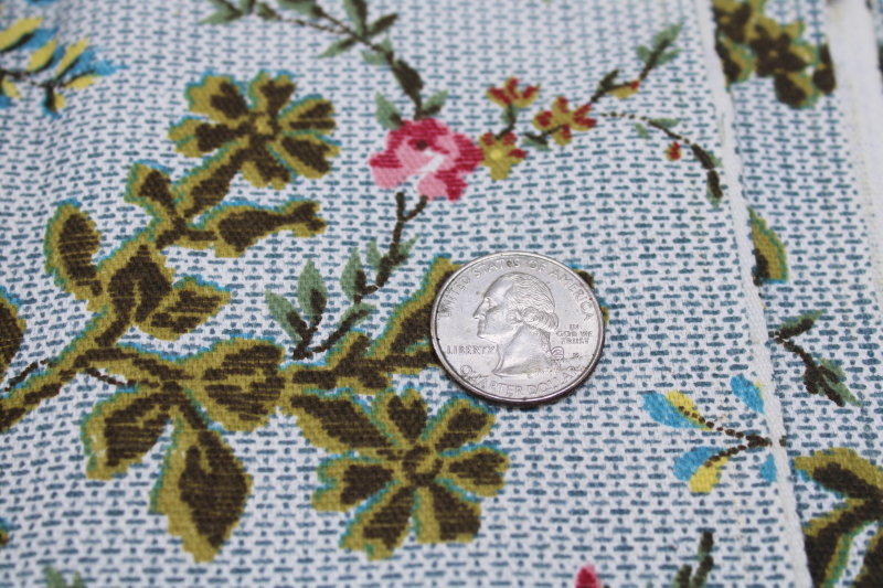 Vintage cotton canvas fabric, William Morris style floral print antique embroidery look flowers