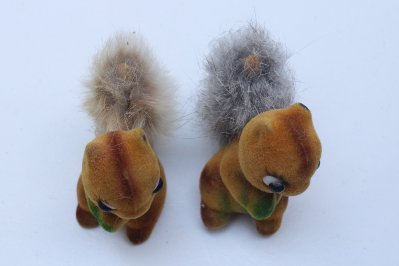 Vintage flocked squirrels pair of figurines w/ fur tails, fall party decor made in Hong Kong
