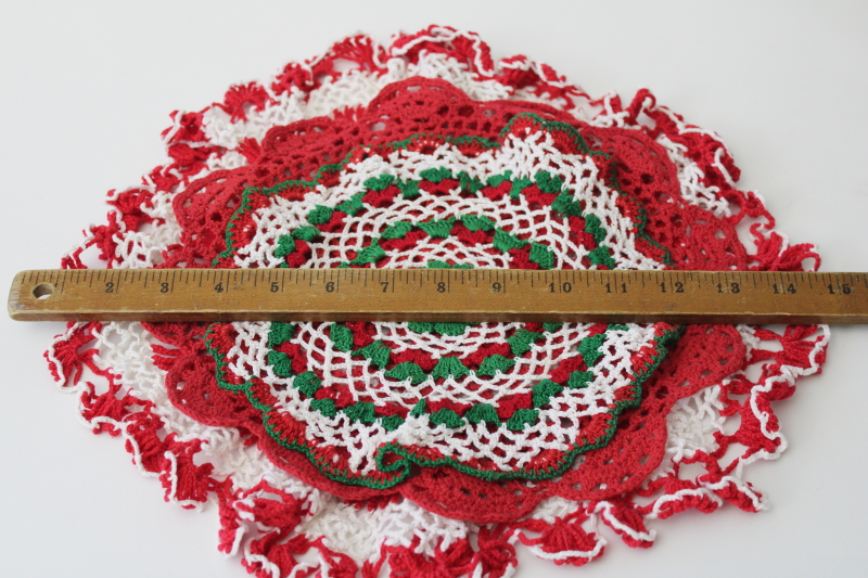 Vintage handmade crochet lace doilies, red  white w/ green holiday decor
