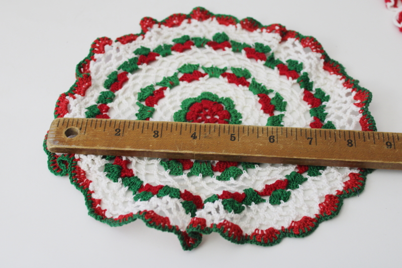 Vintage handmade crochet lace doilies, red  white w/ green holiday decor