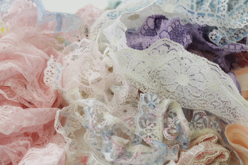 Vintage lace edgings, flat  ruffled 	lacy trims in pastel colors for sewing  crafts