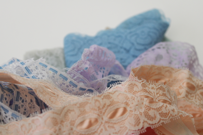 Vintage lace edgings, flat  ruffled 	lacy trims in pastel colors for sewing  crafts