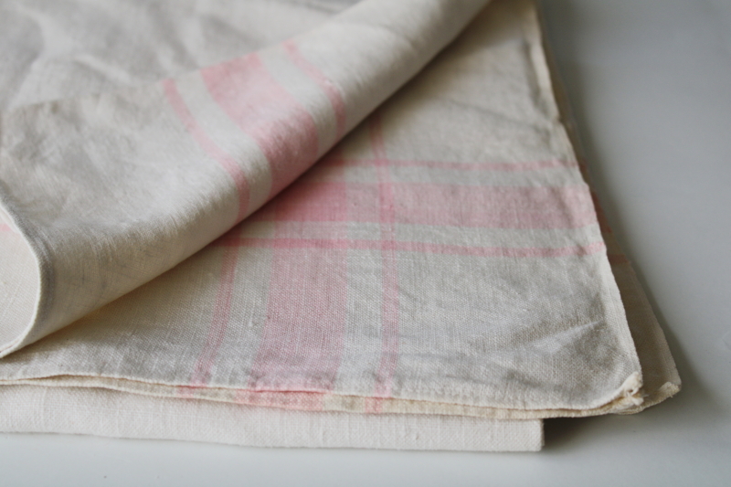 Vintage linen tablecloth, woven pink stripe on flax linen French country farmhouse style