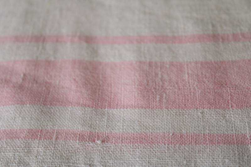 Vintage linen tablecloth, woven pink stripe on flax linen French country farmhouse style