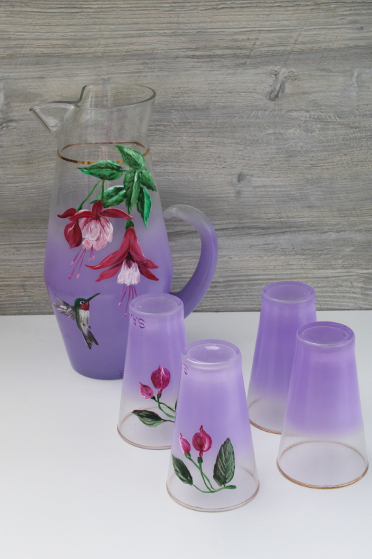 Vintage pitcher  tumblers, lavender purple blendo glass hand painted hummingbird  flowers