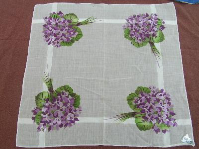 Violets print, original label cotton hankie