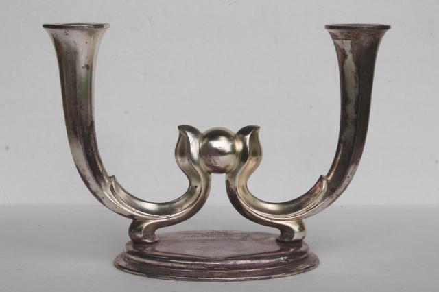 WMF era silver plate trophy, deco mod branched candle holder w/ 1950s vintage inscription