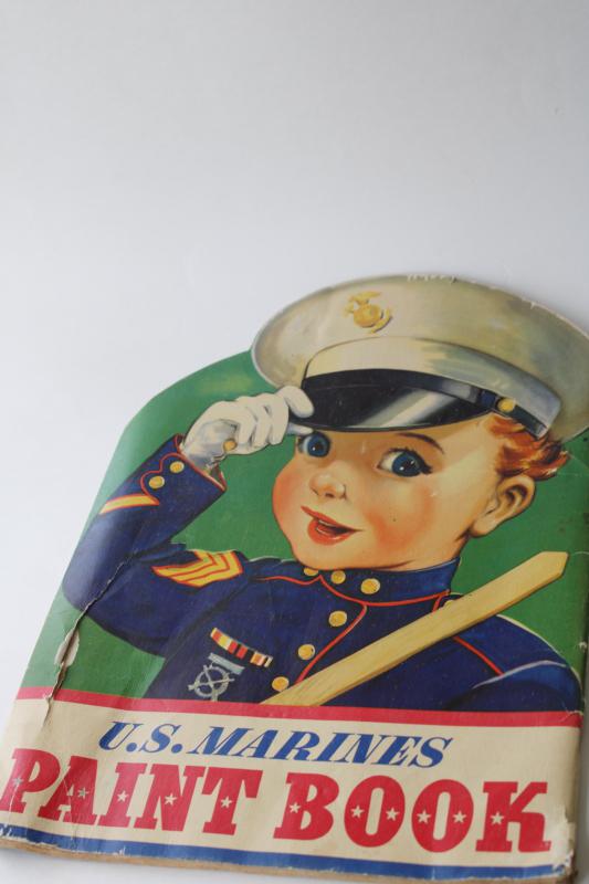 WWII 1940s vintage US Marines BIG coloring book, die cut solider uniform boy