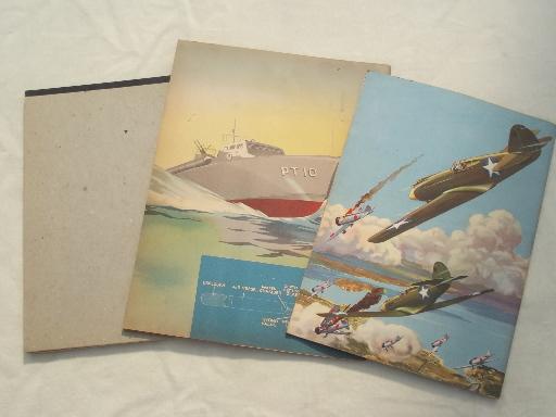 WWII War Planes, War Ships 40s vintage boys books & writing tablet