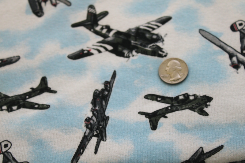 WWII bombers fighter planes airplane print fabric, heavy jersey knit all cotton vintage fabric