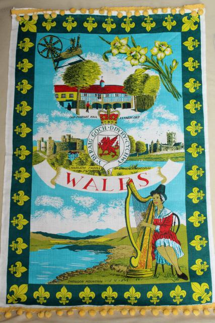Wales tea towels turned banner flags w/ popcorn ball fringe trim