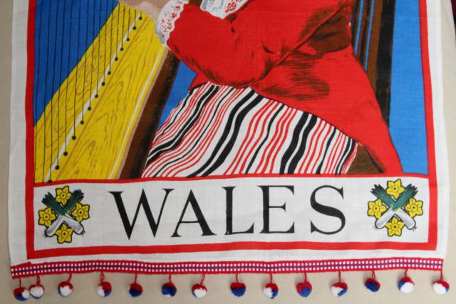 Wales tea towels turned banner flags w/ popcorn ball fringe trim