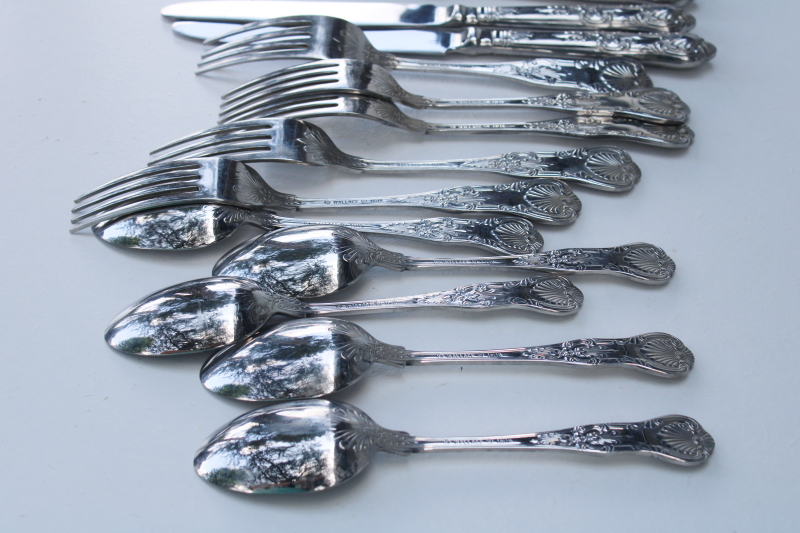 Wallace stainless flatware, Queens shell baroque pattern estate lot dinner forks, knives, soup spoons