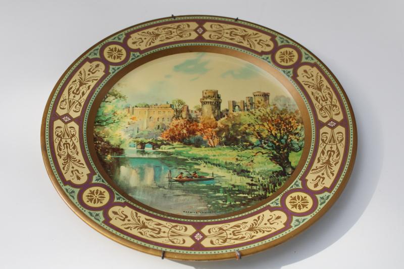 Warwick Castle print tin plate, English made Baret Ware, 1950s coronation vintage
