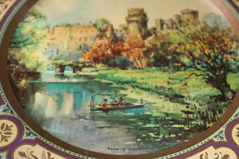 Warwick Castle print tin plate, English made Baret Ware, 1950s coronation vintage