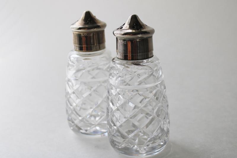 Waterford crystal salt and pepper shakers set, Glandore S&P w/ silver plate lids