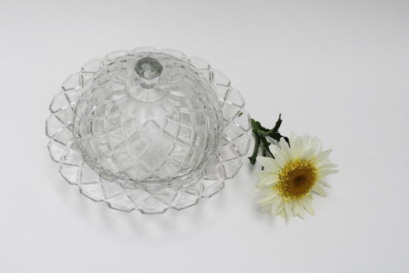 Waterford waffle vintage Anchor Hocking crystal clear glass round butter dish w/ cover