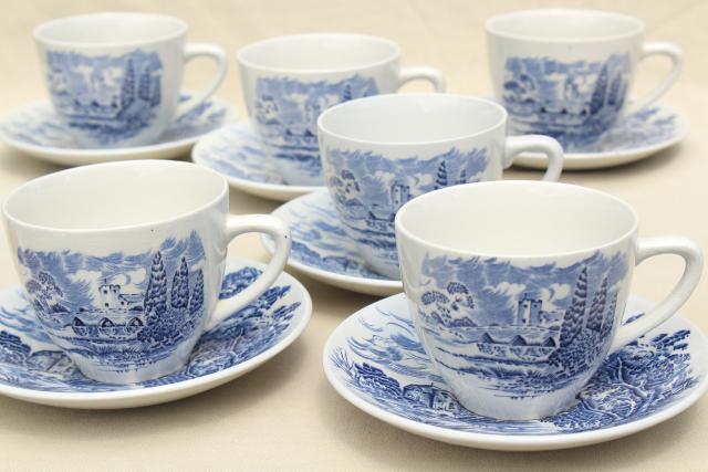 Wedgwood Countryside blue & white china, shabby tea cups & saucers, toile print