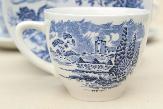 Wedgwood Countryside blue & white china, shabby tea cups & saucers, toile print
