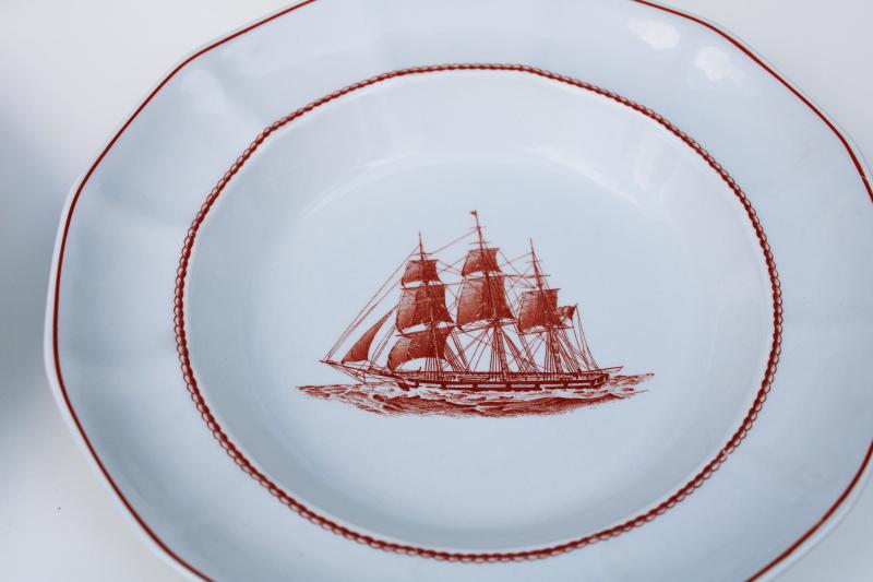 Wedgwood English ironstone china, vintage tall ships clipper Flying Cloud soup bowls