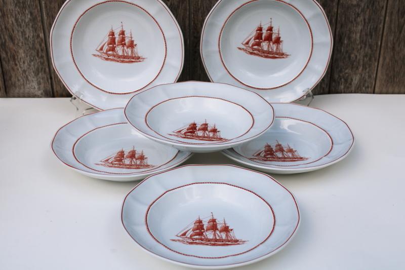 Wedgwood English ironstone china, vintage tall ships clipper Flying Cloud soup bowls