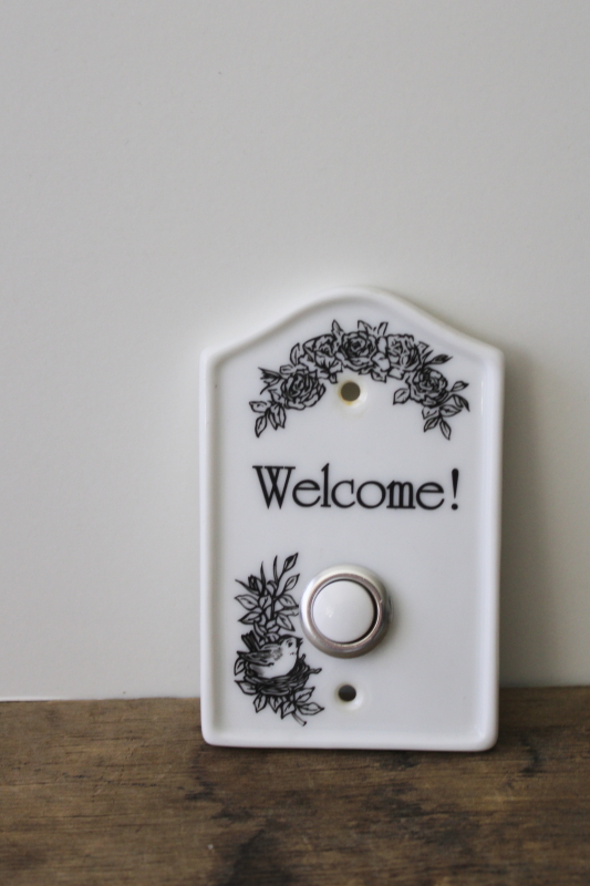 Welcome doorbell push button  plate, vintage white china door hardware