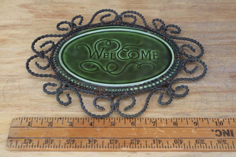 Welcome sign for porch or entry door gate, vintage green glazed tile w/ twisted wire frame