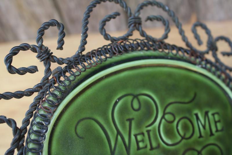 Welcome sign for porch or entry door gate, vintage green glazed tile w/ twisted wire frame