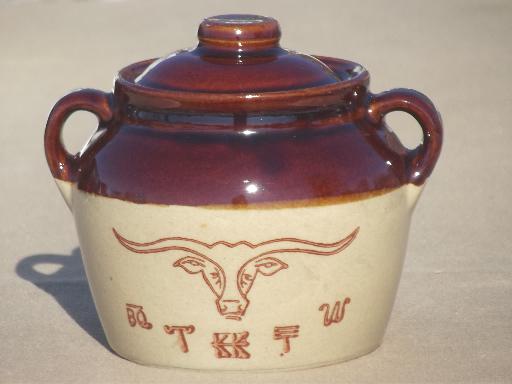 Western stoneware bean pot, Texas longhorn cattle brands crock for ranch beans