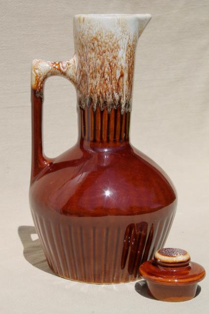 Western stoneware tall bottle coffee carafe, rustic mod vintage brown drip pottery
