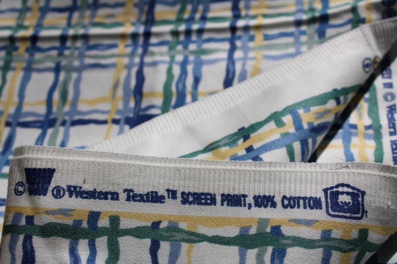 Western textiles vintage decorator cotton fabric, basketweave print in blue, sage, yellow