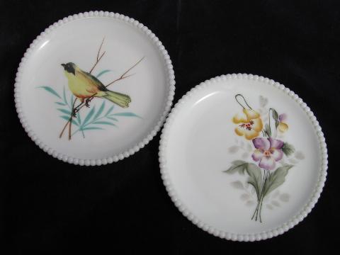 Westmoreland hand-painted plates, bird and pansies, beaded edge milk glass