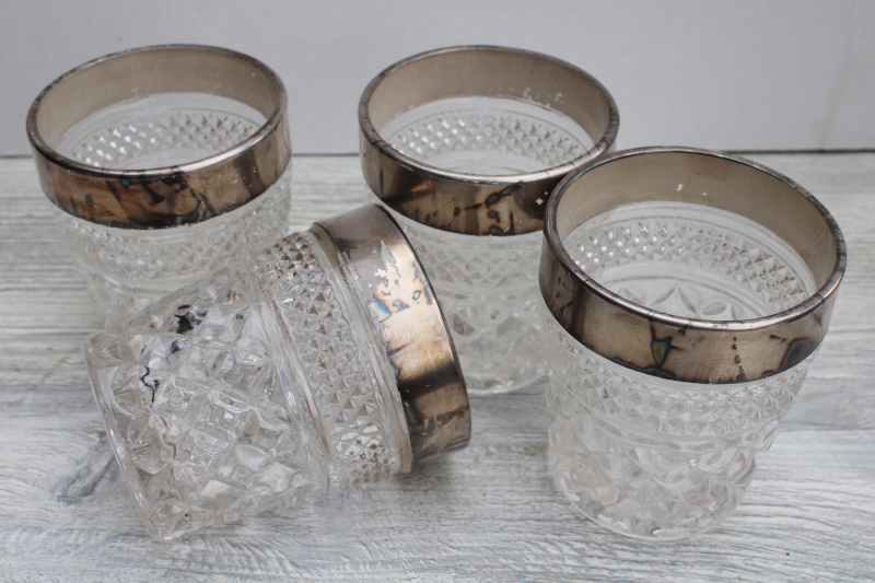 Wexford pattern glass lowball glasses, vintage old fashioned tumblers wide sterling band