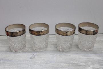 Wexford pattern glass lowball glasses, vintage old fashioned tumblers wide sterling band