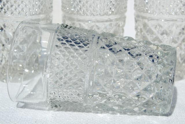 Wexford waffle pattern, crystal clear glass tumblers, vintage Anchor Hocking