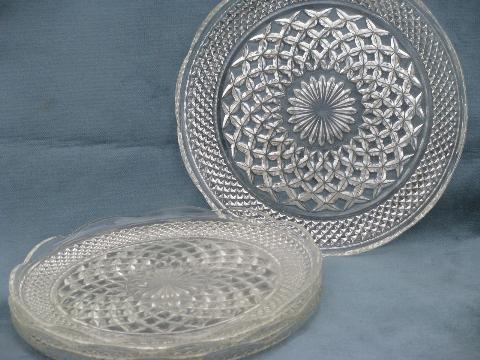 Wexford waffle pattern pressed glass dinner plates, vintage Anchor Hocking