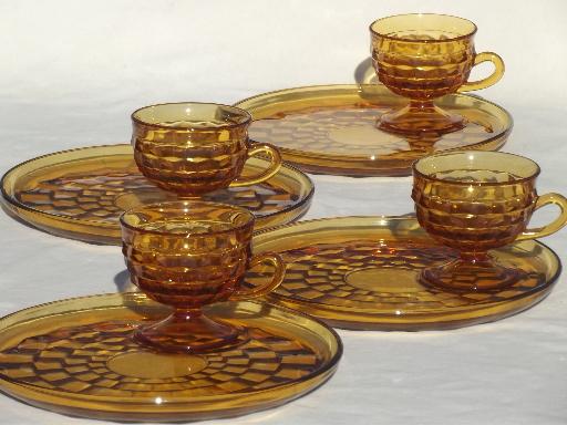 Whitehall Colony glass cube snack sets cups & plates, retro amber gold glassware