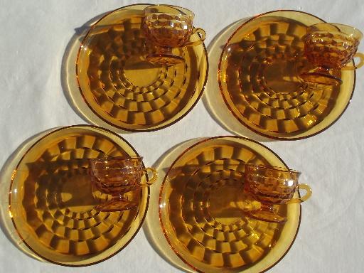 Whitehall Colony glass cube snack sets cups & plates, retro amber gold glassware
