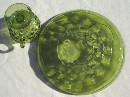 Whitehall Colony glass cube snack sets cups & plates, retro avocado green glassware